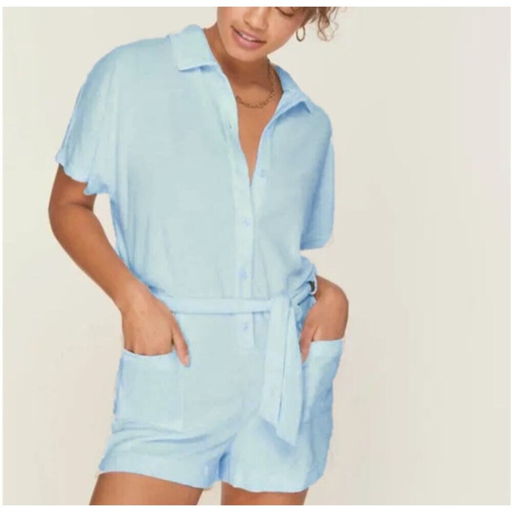 NWT Andie Swim The Button-Up Terry Romper Blue Size XS